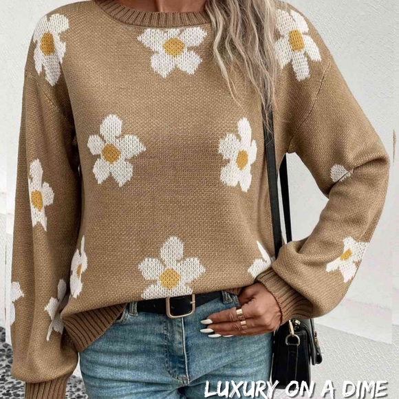 Daisy Flower Knit Minimalist Pullover Classic Long Sleeve Sweater Retro Shirt - Picture 2 of 7